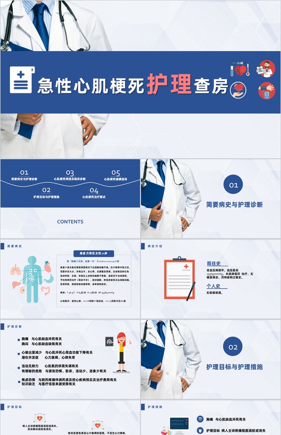 扁平化风格蓝色医疗急性心梗护理查房PPT