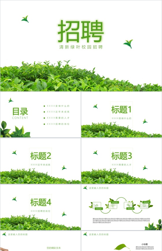清新绿叶简约文艺校园招聘会PPT模板