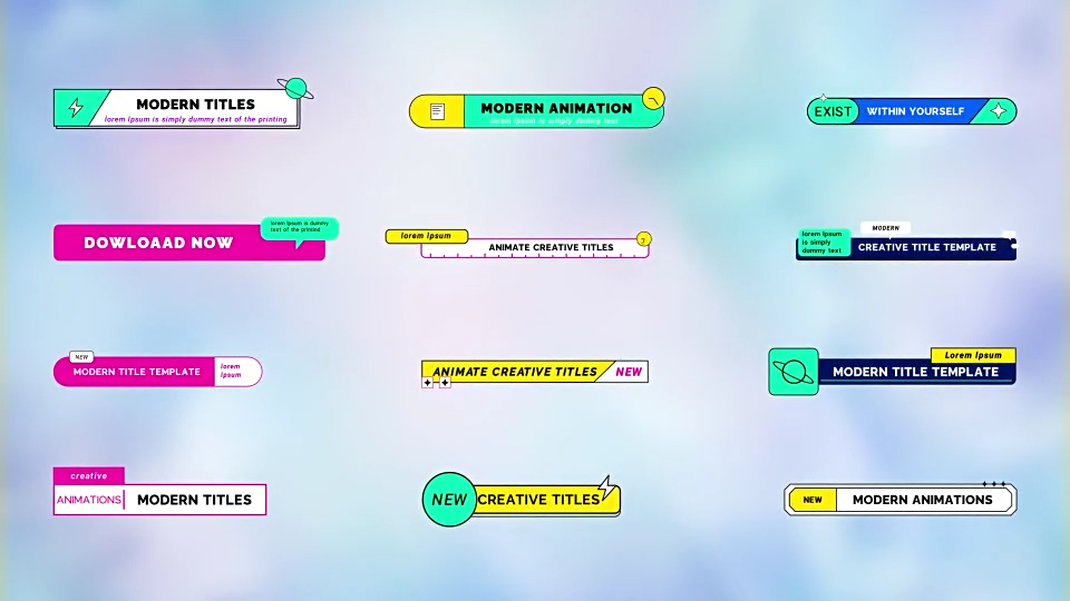 【AE模板】12组极简迷你卡通文字标题字幕条动画